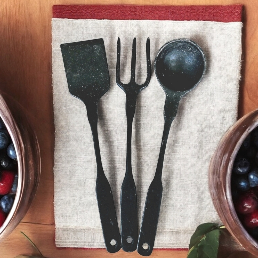 Black Cast Metal Utensil Set Primitive Country Dark Witchy Kitchenware Vintage
